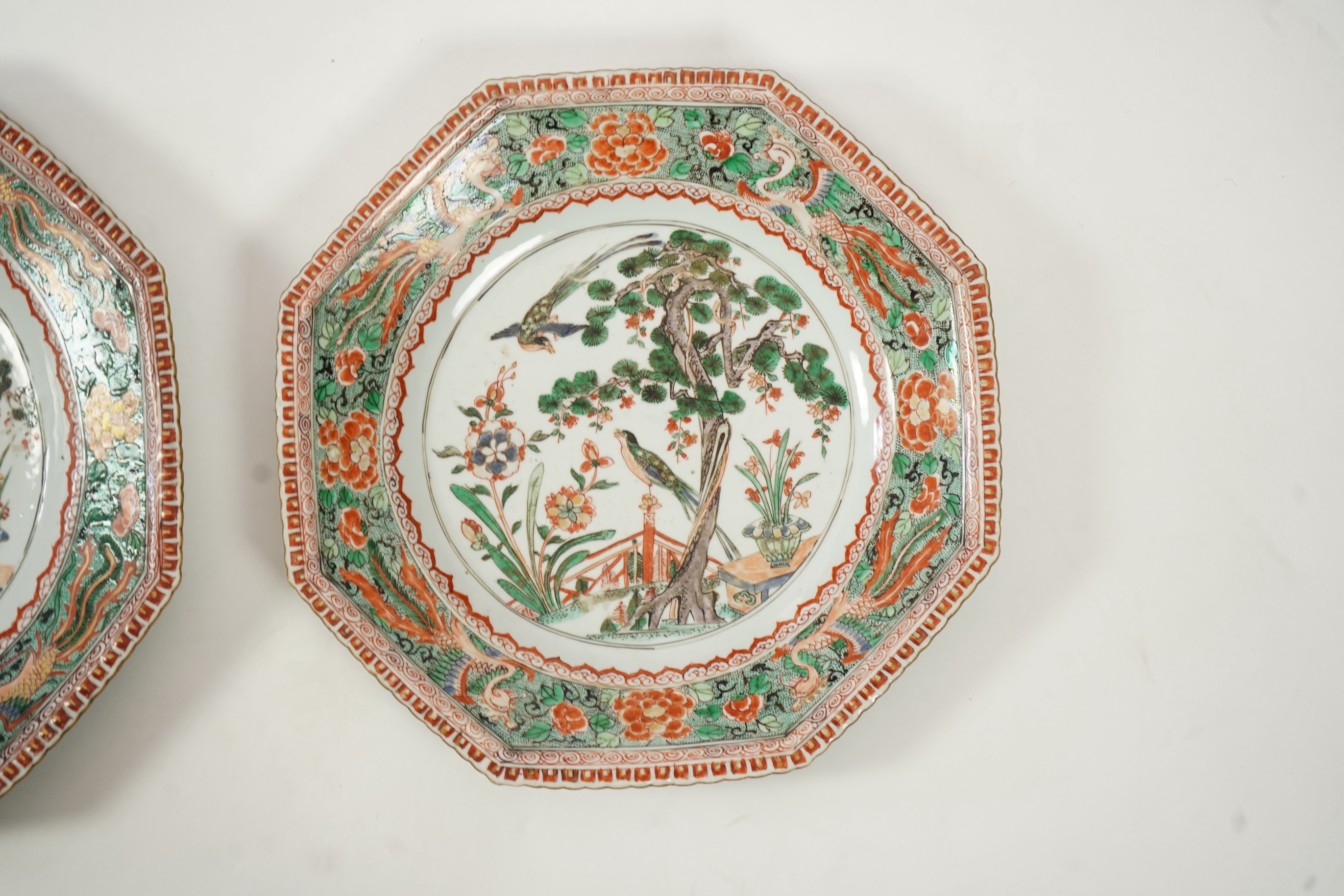 Two graduated Chinese famille verte octagonal dishes, Kangxi period